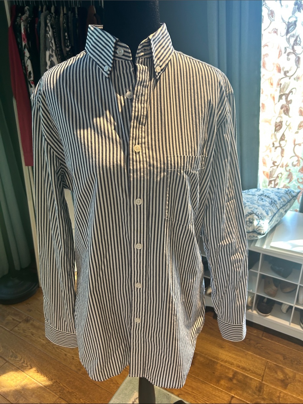 Women’s Black/navy and White Striped Button-Down Shirt